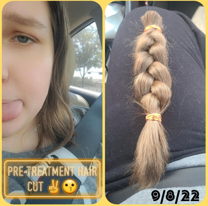 Two pictures: the left picture is a partial-selfie (face cut off midway) with my tongue sticking out. I'm showing off my new shorter haircut (hair is right above the shoulder). Marked: "pre-treatment hair cut". The right picture is of the braided ponytail