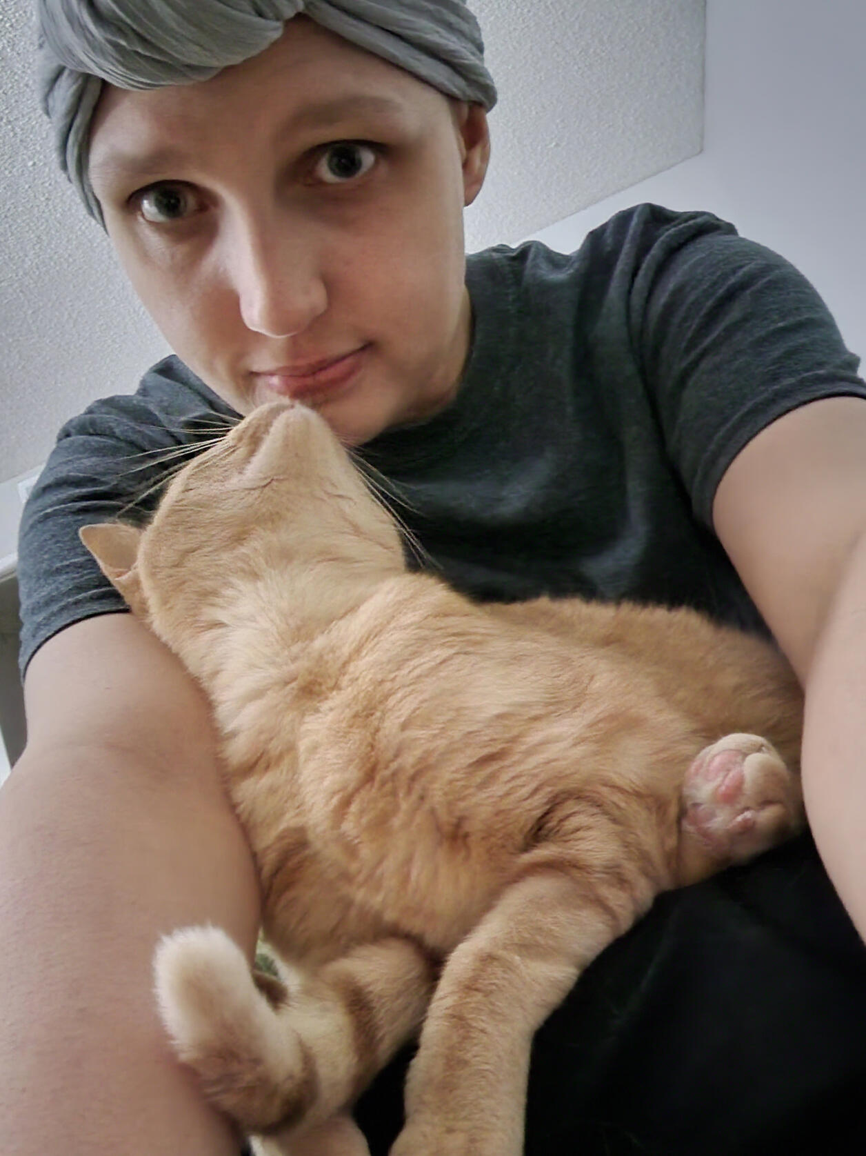 I am taking a selfie (in the classic pose with my arms stretched out in front of me) with my orange rescue cat looking up at my face